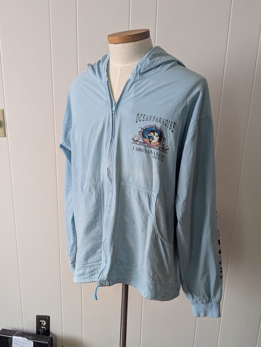 Vintage 90s Sky Blue Cabo San Lucas Cotton Zip-Up Hooded Windbreaker Size 42